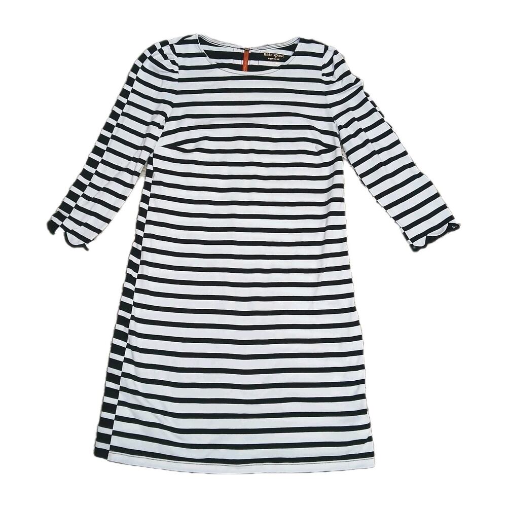 Kate Spade Dress XS Black White Striped 3/4 Sleeve Heart Zipper Back‎ Nautical